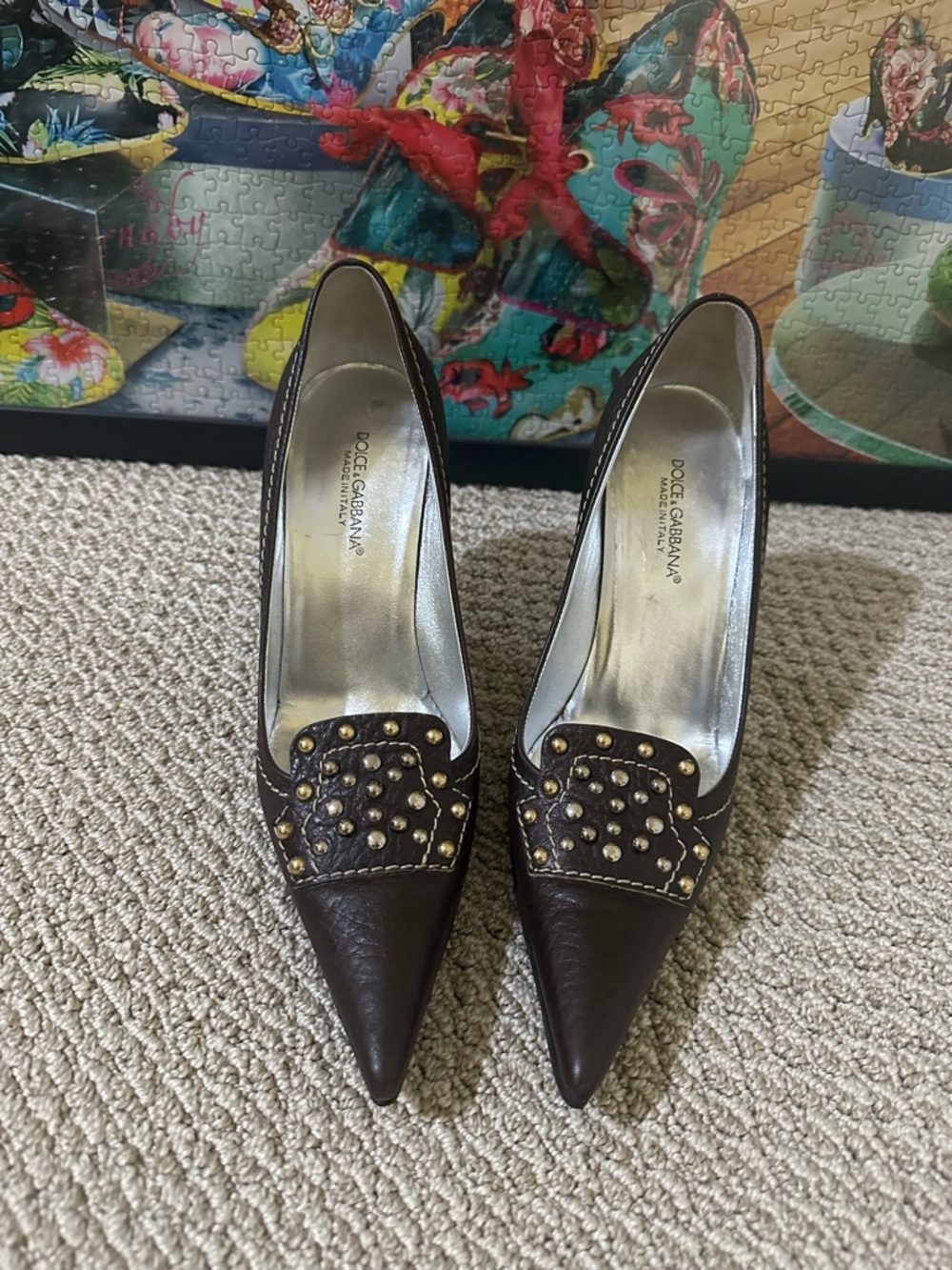 Dolce & Gabbana Dark Brown Pointed-Toe Studded Pumps